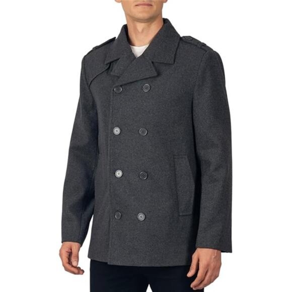 Mens Wool Pea Coat Double Breasted Peacoat Jacket - Picture 7 of 7
